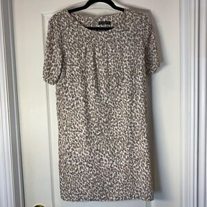 Diplodocus Paris Cream Brown Print Shift Dress Short Sleeve Lined Minimal Chic